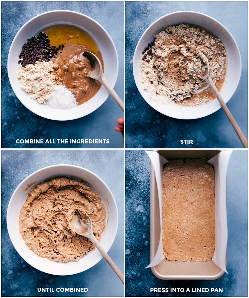 Process shots-- images of all the ingredients being added to a bowl; being mixed together; spread into a lined pan.