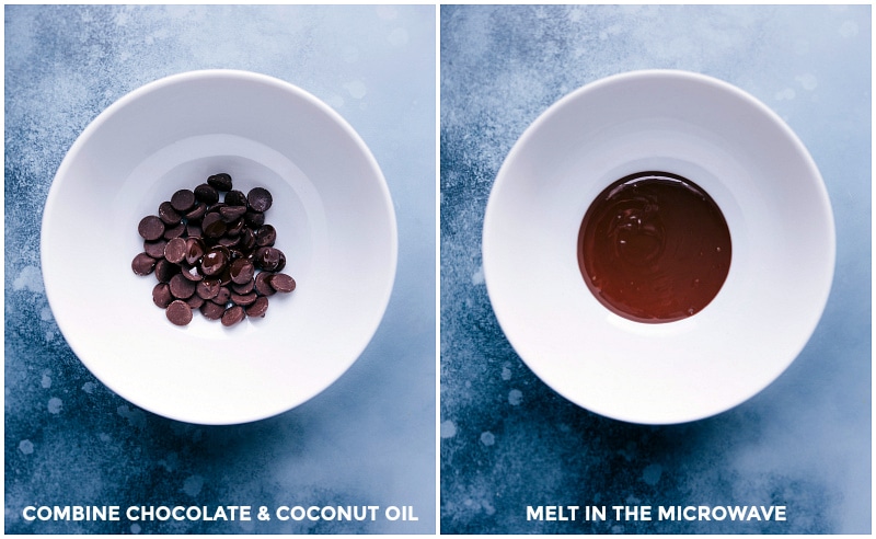 Process shots-- images of the chocolate layer ingredients; the ingredients are then melted in the microwave.