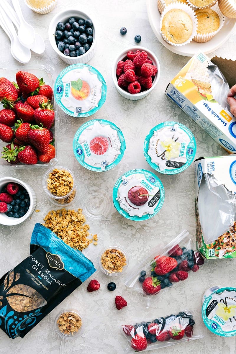 View of several components in a fruit-and-yogurt school lunch.