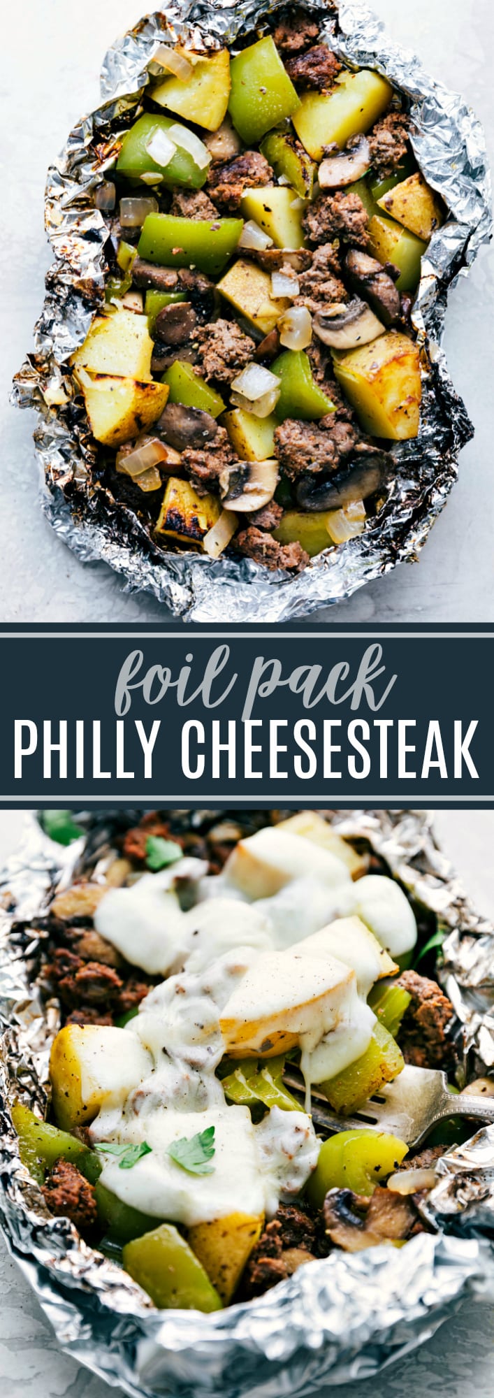 The BEST easy tin foil dinner -- foil pack philly cheesesteaks! Easy to assemble, filling, and delicious! Directions for campfire, grill, or oven! via chelseasmessyapron.com #philly #cheesesteak #foil #packet #dinner #easy #quick #beef #hobo #pack #green #pepper #onion #campfire #grill #oven #seasoning #flavorful