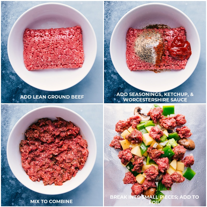 Prepping the ground beef with seasonings and adding it with the veggies.