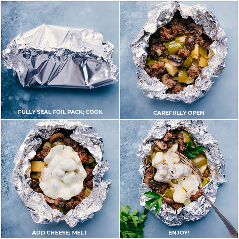 Images of the foil packs being sealed; being cooked; cheese added on top