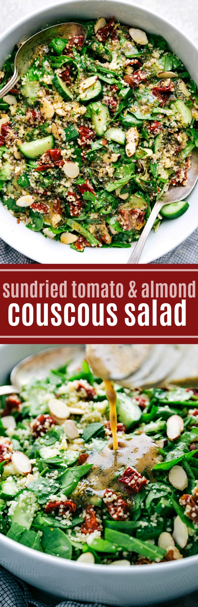 A delicious, flavor packed, and healthy couscous salad with sun dried tomatoes, toasted almonds, and cucumber dressed in a flavorful lemon vinaigrette via chelseasmessyapron.com #salad #couscous #healthy #spinach #easy #lemon #dressing #quick #simple #summer #potluck #mealprep #best