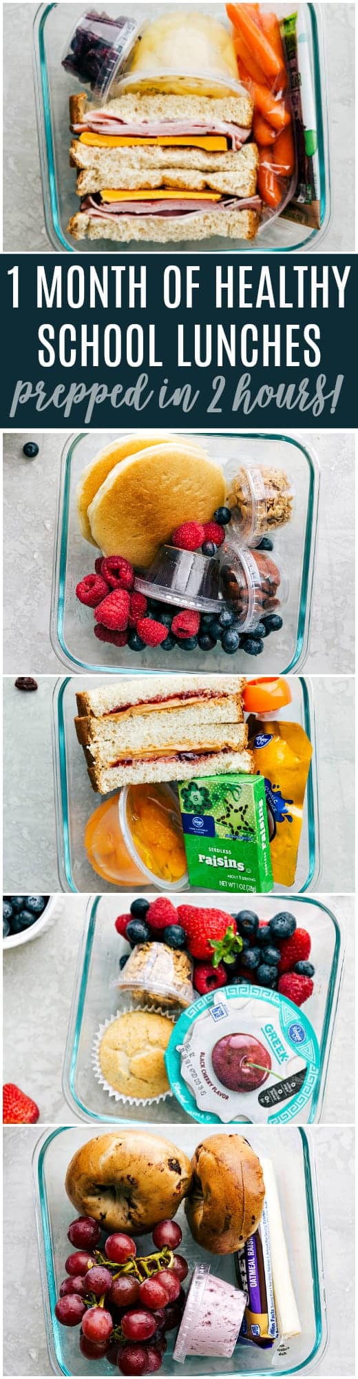 One trip to your grocery store and you can make enough healthy school lunches to last for a month! via chelseasmessyapron.com #school #lunch #meal #prep #healthy #easy #quick #ideas #prepahead #sandwich #freeze #freezersandwich #parfait #bagel #ham #cheddar #healthy #snacks