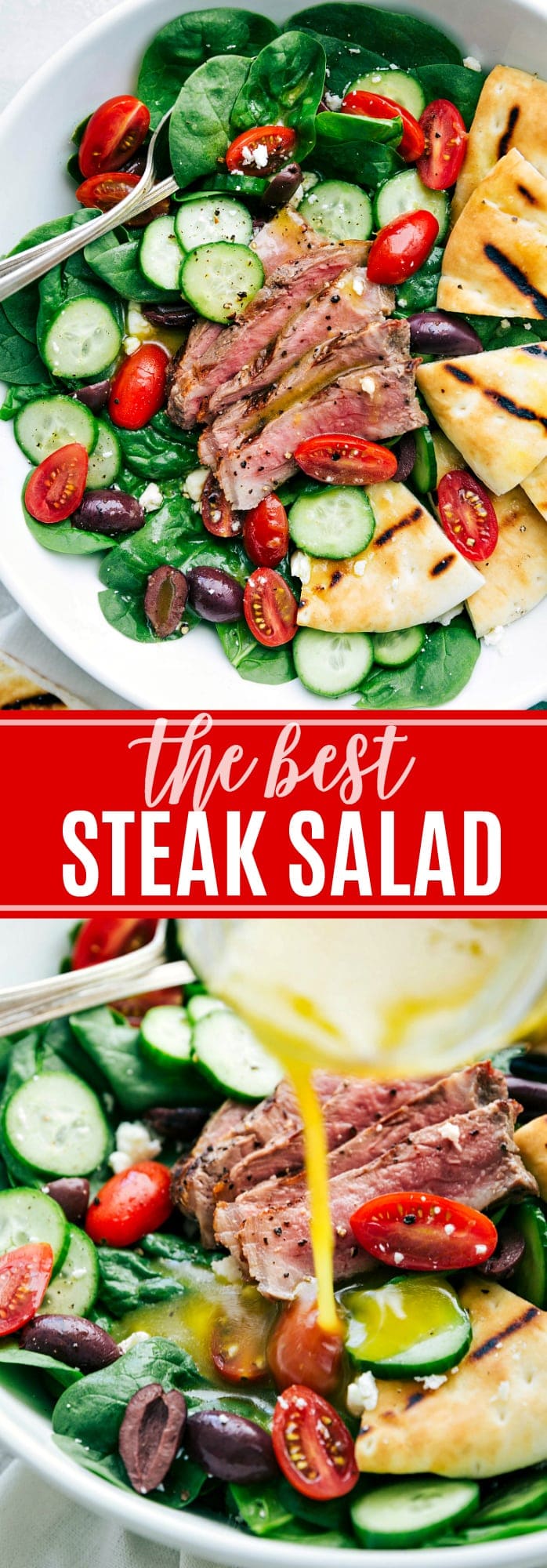 Grilled steak and pitas tossed with baby spinach, cucumbers, tomatoes, kalamata olives, and feta cheese dressed in a delicious lemon-honey vinaigrette. This steak salad is simple to make, healthy, and packed with flavor! via chelseasmessyapron.com