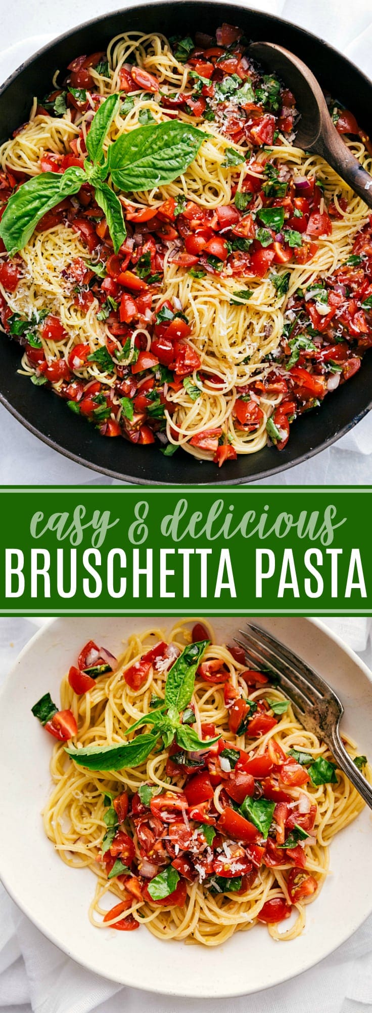 The BEST EVER Bruschetta Pasta! Bruschetta Pasta is fresh, light, and filled with flavor via chelseasmessyapron.com #pasta #bruschetta #easy #quick #dinner #fast #italian #basil #tomatoes #kidfriendly #garden #produce #parmesan #cheese #healthy #vegetarian