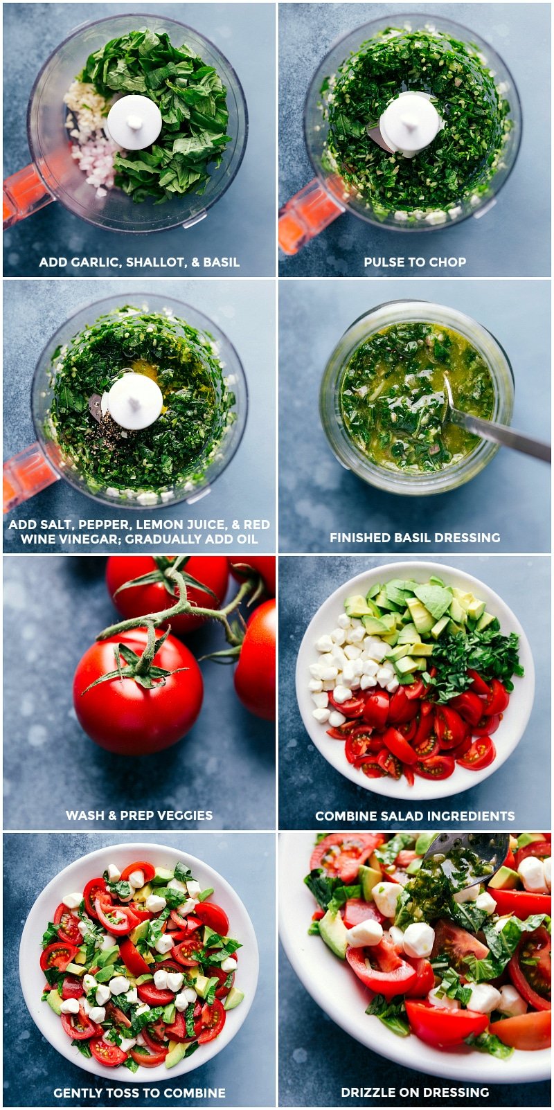 Process shots-- images of the fresh basil dressing being made; veggies being prepped and added to the bowl; and everything being mixed together.