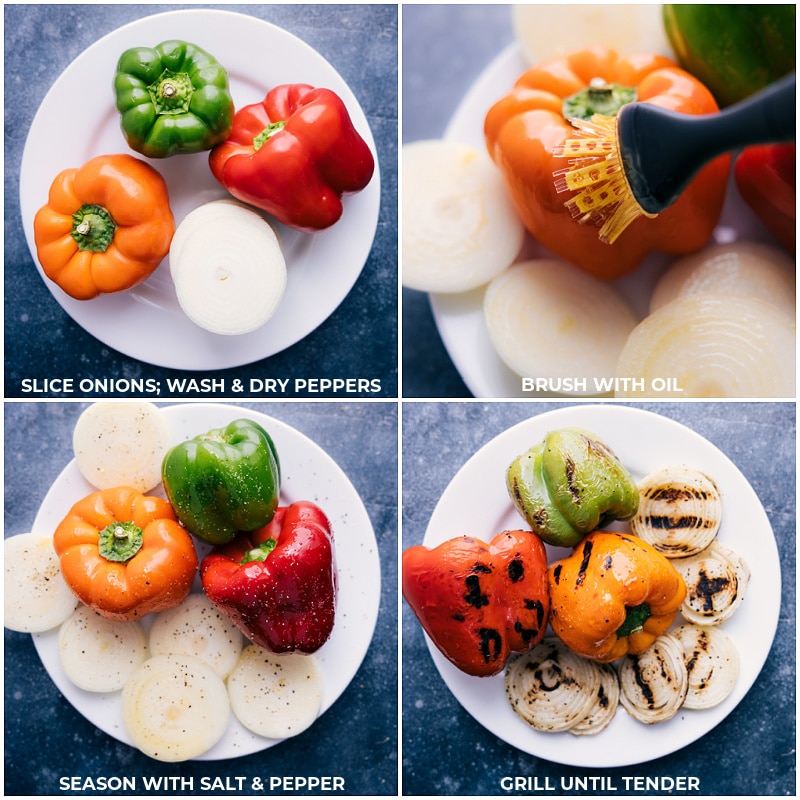 Process shots: Preparing the onions and peppers for chicken fajitas