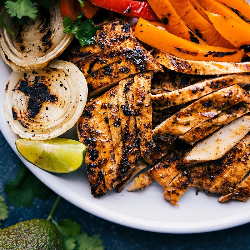 Close-up view of the grilled chicken and fajita veggies