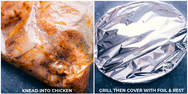Process shots: knead marinade into the chicken; cover after grilling.