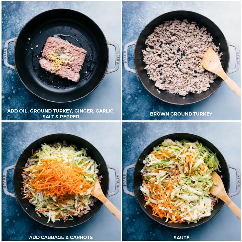 Process shots--ground turkey being cooked; the cabbage and carrots being added on top and sautéed