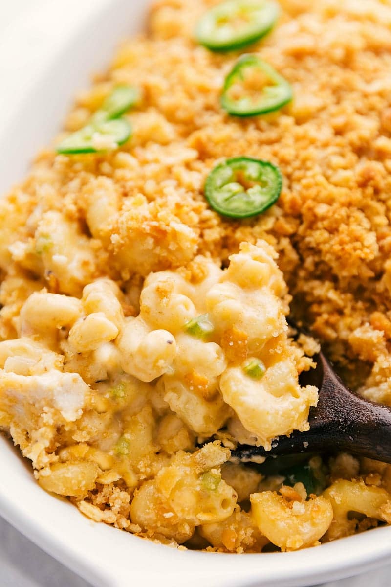 Up close overhead image of the Jalapeño Mac and Cheese freshly baked