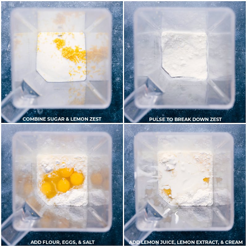 Process shots-- images of the sugar, lemon zest, flour, eggs, salt, lemon juice, lemon extract, and cream being added to a blender