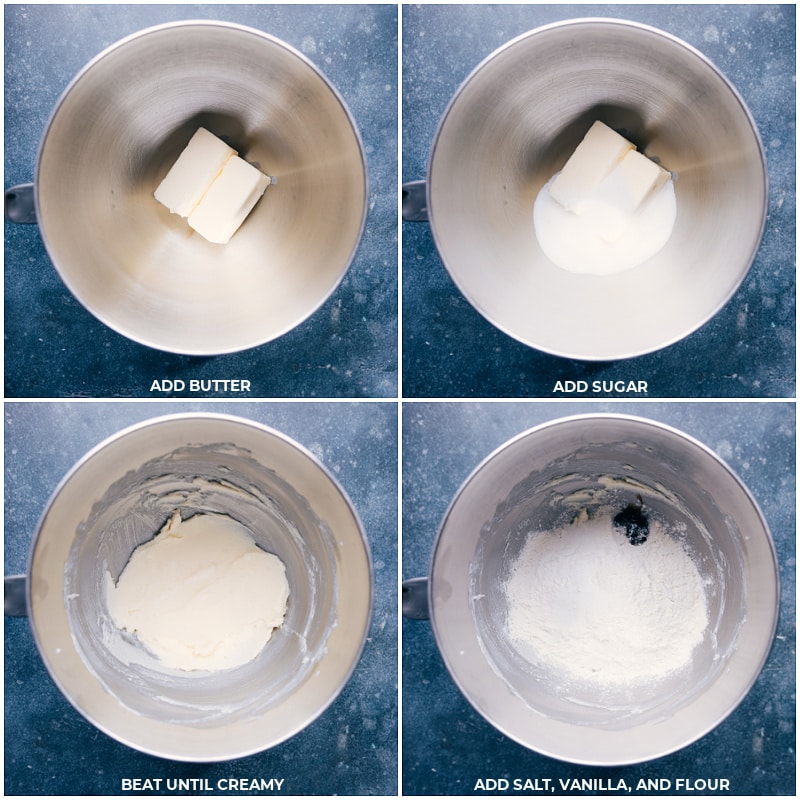 Process shots of Lemon Bars-- images of the butter, sugar, salt, vanilla, and flour being creamed together