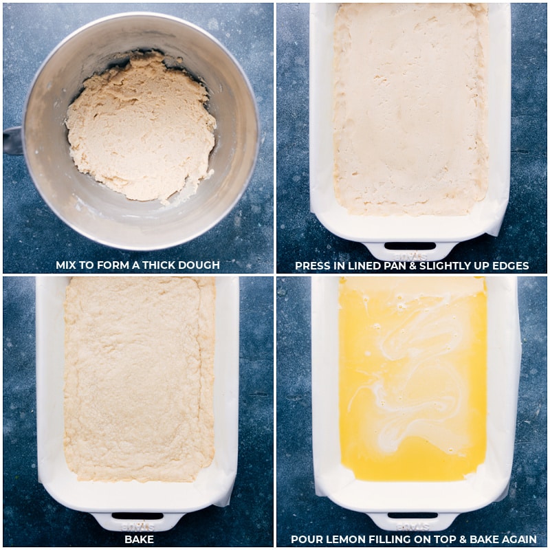 Process shots of Lemon Bars-- images of the dough being pressed into a pan; baking the crust; then adding the lemon filling and baking