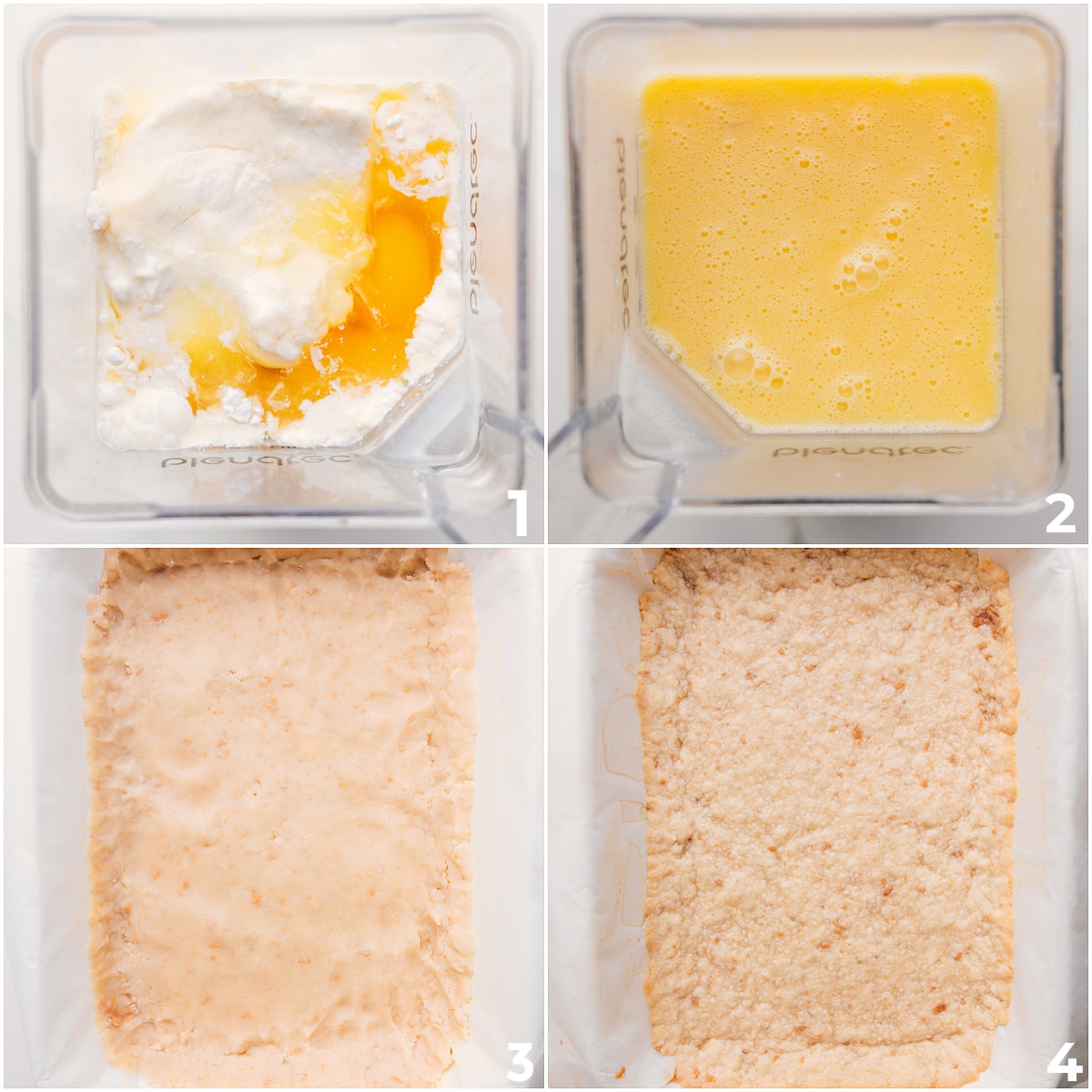 Lemon filling ingredients added to a blender and blended together, while the base crust bakes in a pan for this lemon bars recipe.