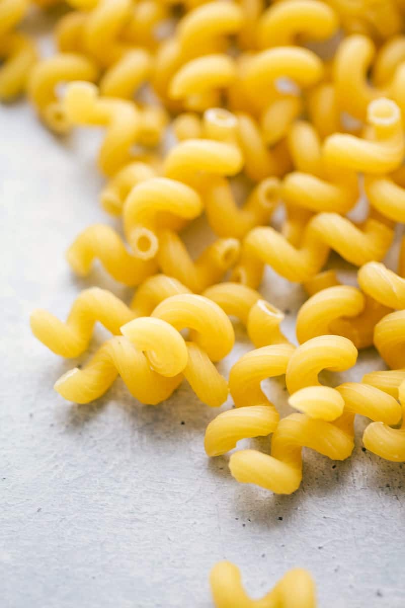 Up close shot of the pasta for the philly cheesesteak pasta