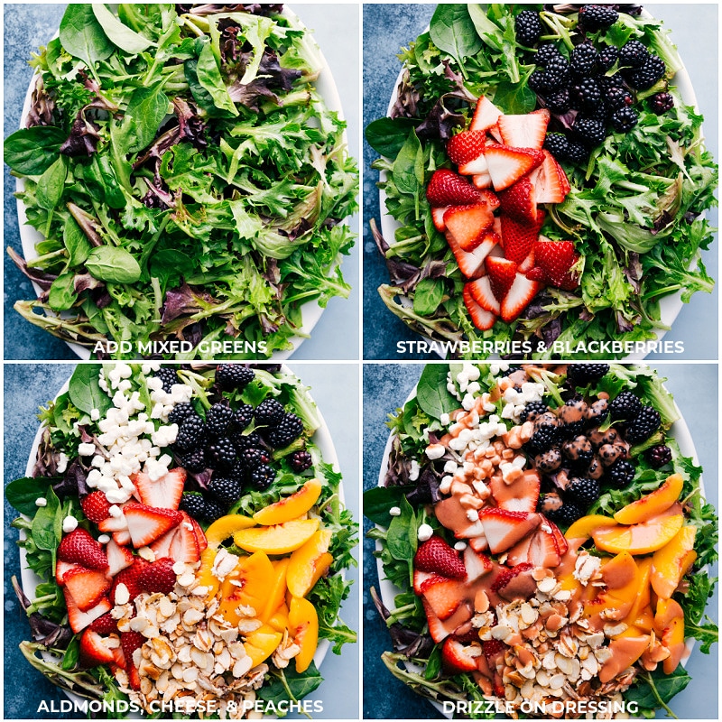 Process shots: creating a fruity tossed salad to be topped with Strawberry Balsamic Vinaigrette.