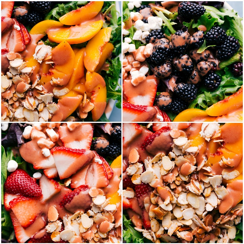 The dressing drizzled on the delicious salad.