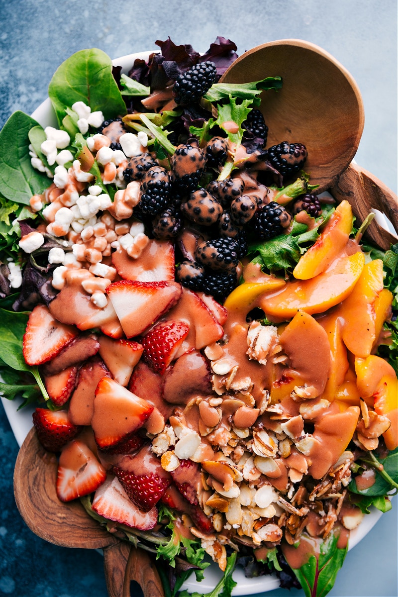 Overhead image of the Strawberry Balsamic Dressing on a salad