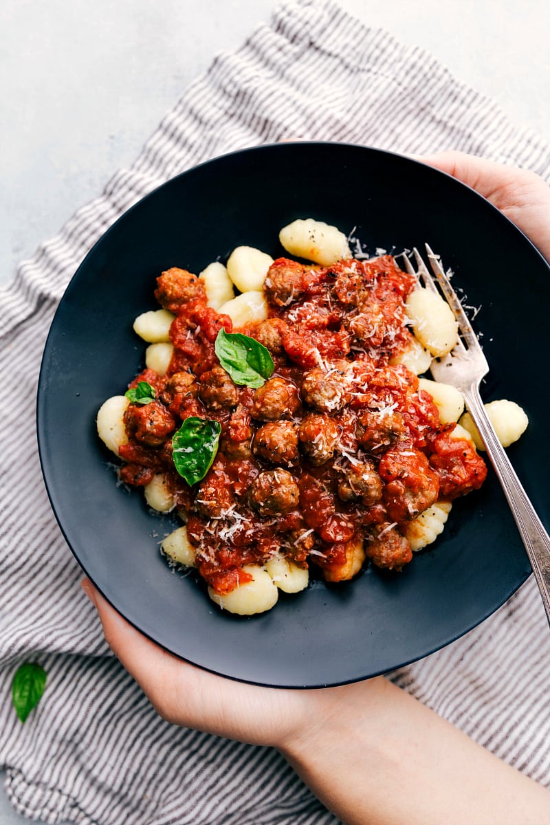 Sausage Gnocchi Italian recipes gnocchi with tender pasta, tomato sauce, and mini sausage meatballs.