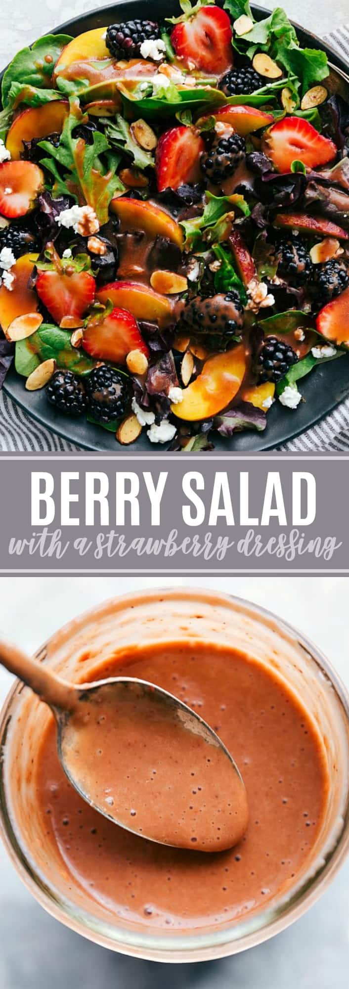 Fresh and flavor packed salad with an incredible strawberry balsamic vinaigrette via chelseasmessyapron.com #strawberry #salad #balsamic #dressing #vinaigrette #easy #quick #healthy #feta #goat #cheese #almonds #best #potluck #peach #peaches #blackberry