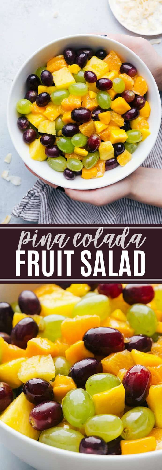 The BEST potluck fruit salad! A tropical pina colada inspired fruit salad (non-alcoholic) via chelseasmessyapron.com #summer #fruit #salad #pinacolada #easy #quick #grapes #mango #pineapple #coconut #dressing #delicious