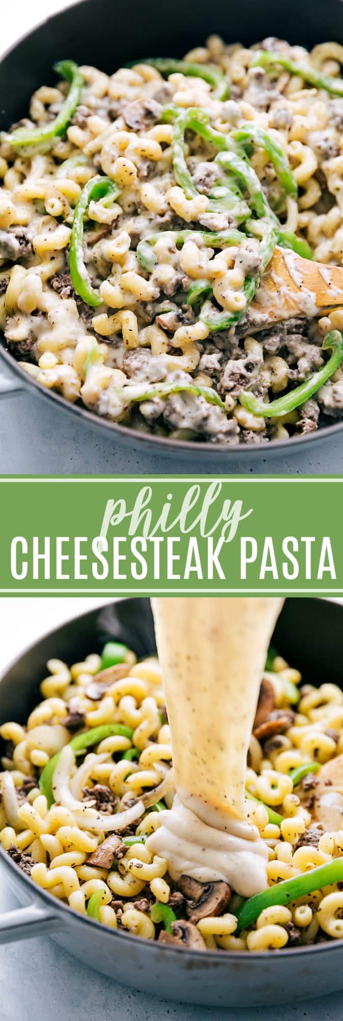 A delicious take on the flavors from the famous philly cheesesteak sandwich -- transformed into a cheesy and comforting pasta dish! This philly cheesesteak pasta is sure to be a hit! via chelseasmessyapron.com #philly #cheesesteak #pasta #easy #quick #dinner #kidfriendly #onion #pepper