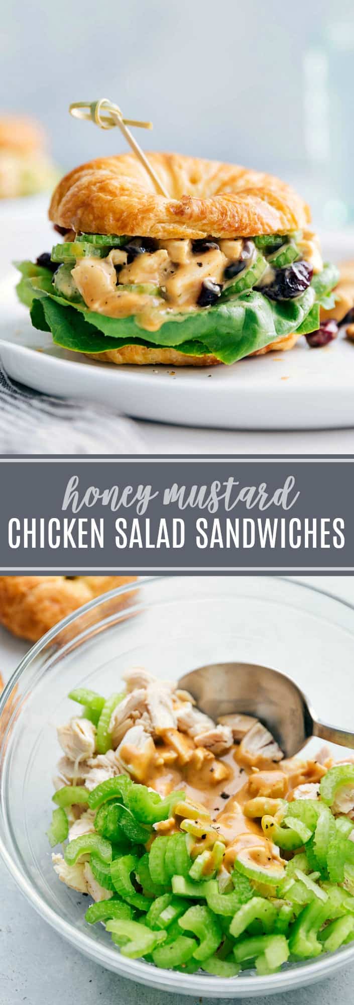 These delicious (and simple to make) honey mustard chicken salad sandwiches are a fun twist on typical chicken salad! They're a hit wherever they're served! via chelseasmessyapron.com #honey #mustard #chicken #salad #easy #quick #lunch #dinner #party #holiday #potluck #lettuce #sandwich #croissant #celery #cranberries #rotisserie #best