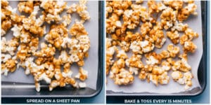 The caramel portion of this recipe being added to a sheet pan and it being baked every 15 minutes for an hour.