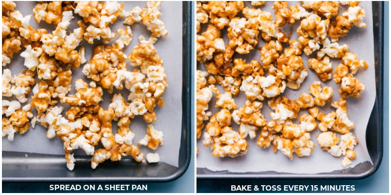 Process shots-- images of Chocolate Popcorn being added to a sheet pan