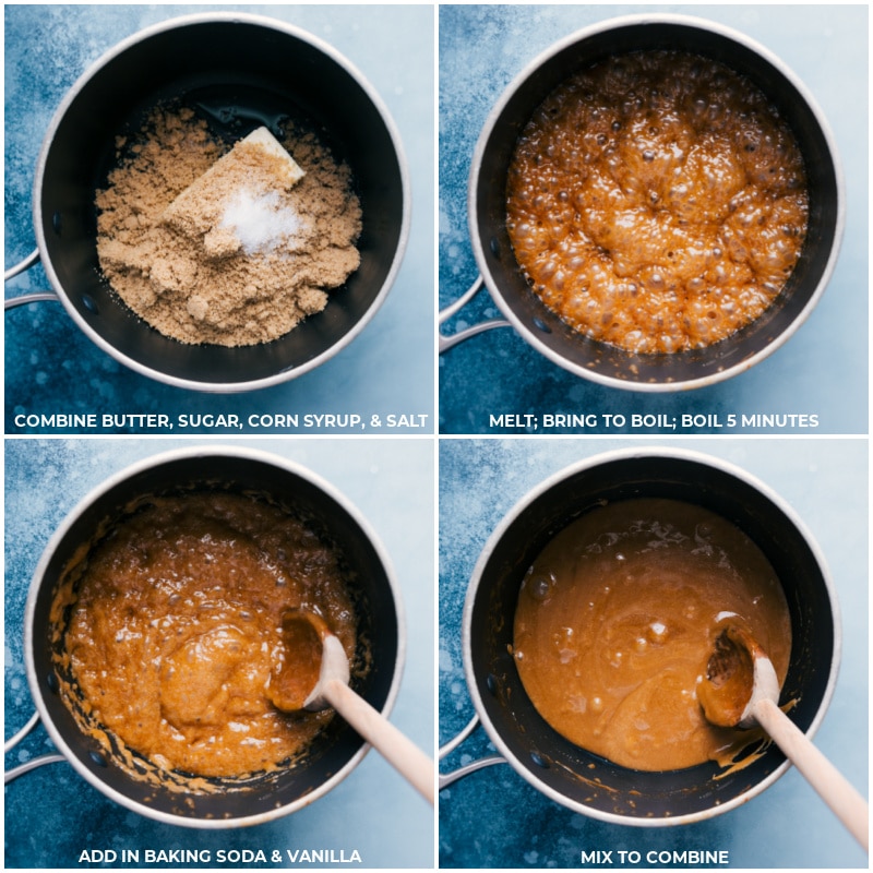 Process shots-- images of the butter, sugar, corn syrup, salt, baking soda, and vanilla being added to a pan