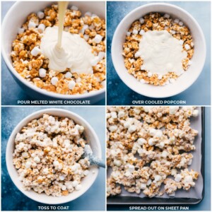 White chocolate to the popcorn; tossing to coat; and spreading out on a sheet pan.