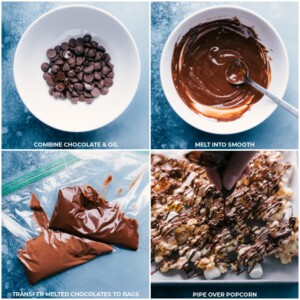 Combining chocolate and oil; melting until smooth; transferring to a plastic bag; and drizzling over the sheet pan filled with the recipe.