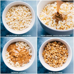 Popcorn being popped; adding it to a bowl; caramel sauce being poured over it for this chocolate popcorn.