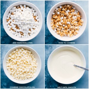 Adding marshmallows to the bowl and melting the white chocolate to add into this recipe.