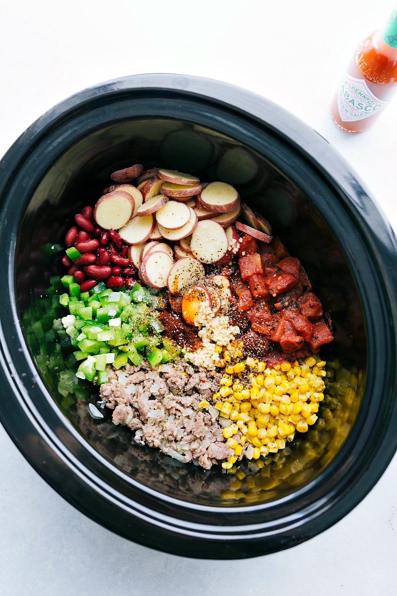 Overhead photo of Crockpot Cowboy Casserole