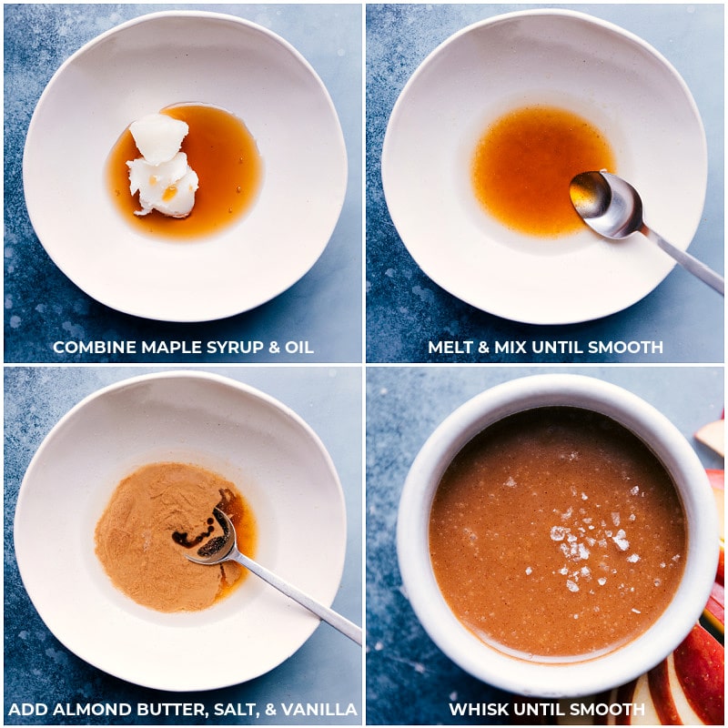 Process shots--melting oil and maple syrup; adding in the almond butter, salt, and vanilla 