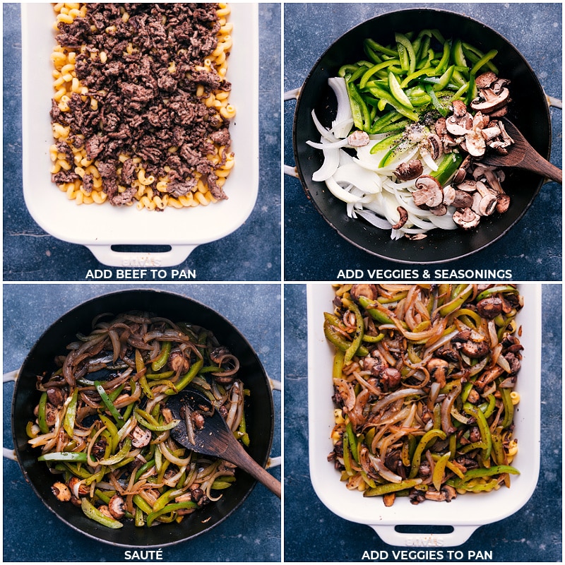 Process shots of Philly cheesesteak pasta-- images of the beef being added to the pan then the veggies being cooked and added to the pan