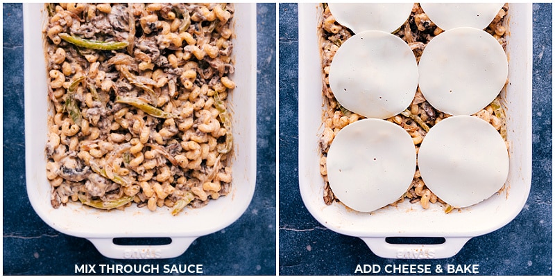 Process shots-- images of the provolone cheese being added on top of the casserole dish