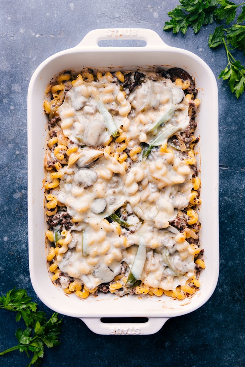 Overhead image of the Philly cheesesteak pasta