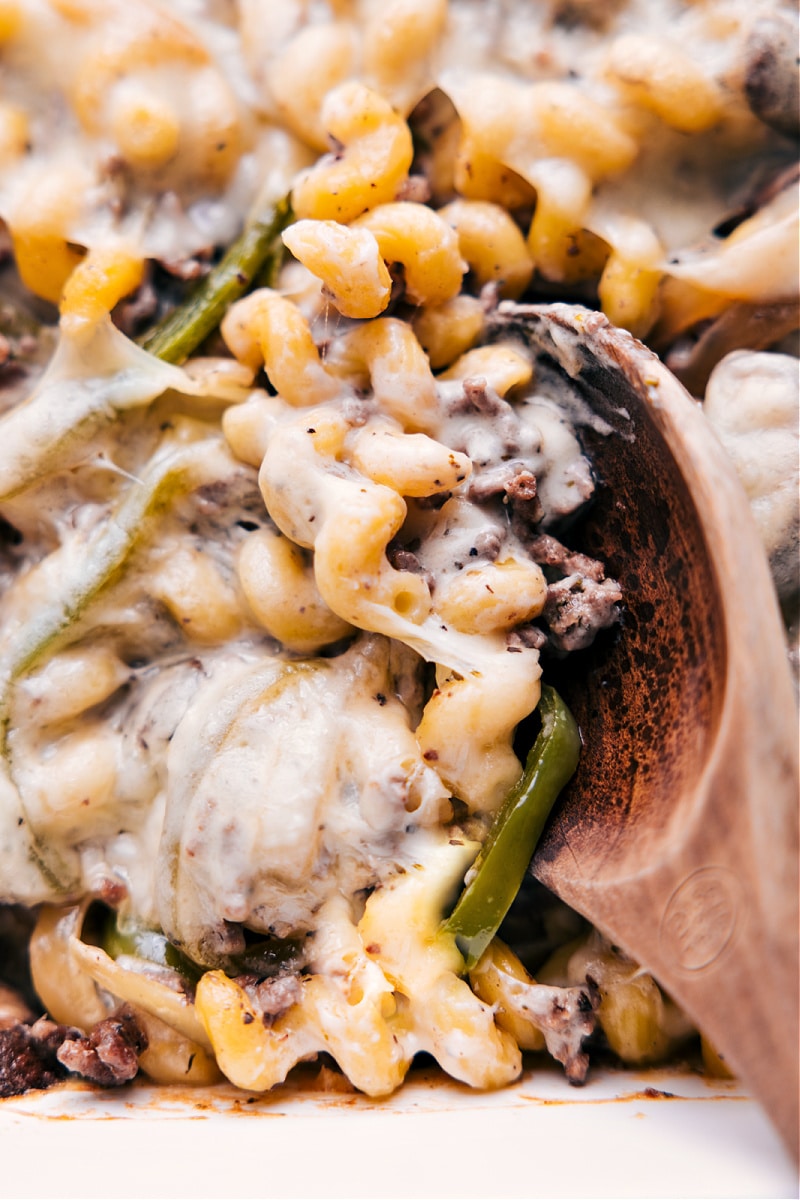 Up close overhead image of the Philly cheesesteak pasta ready to be enjoyed