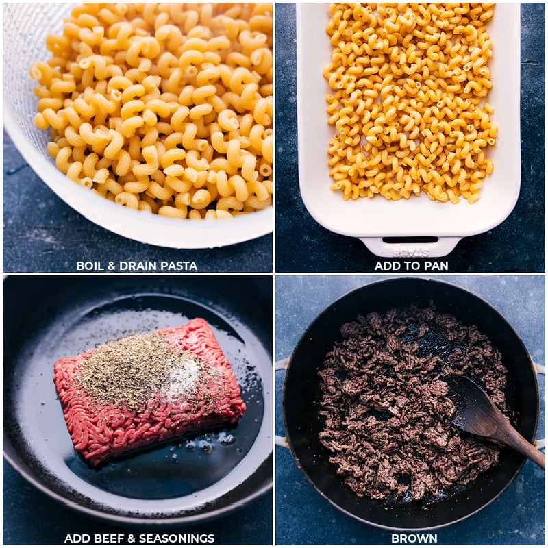 Process shots-- images of the pasta being drained and added to the pan, then beef and seasonings being added