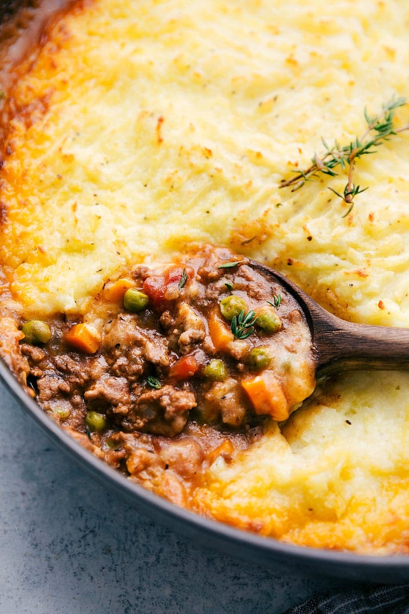 Spoon with a scoop of Shepherd's Pie casserole.