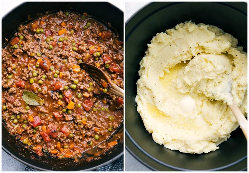 The meat sauce and mashed potatoes being made in a pot.