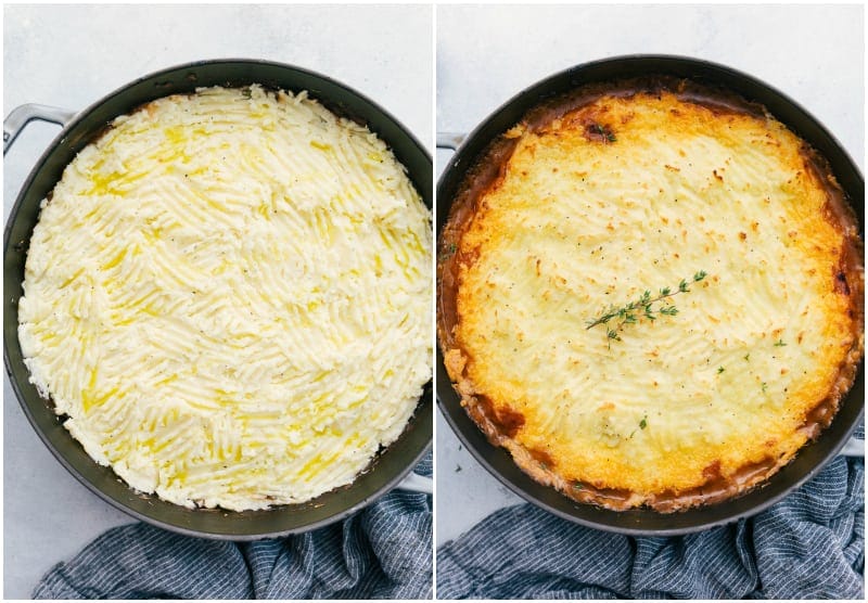 Side by side photos (overhead) of Shepherd's Pie right before and right after baking