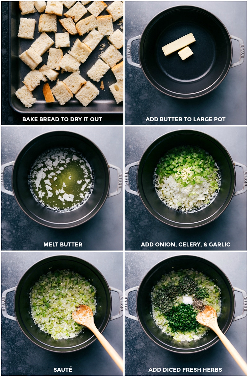 Process shots-- images of the bread being baked to dry out; the butter, veggies, and herbs being cooked in a pot.