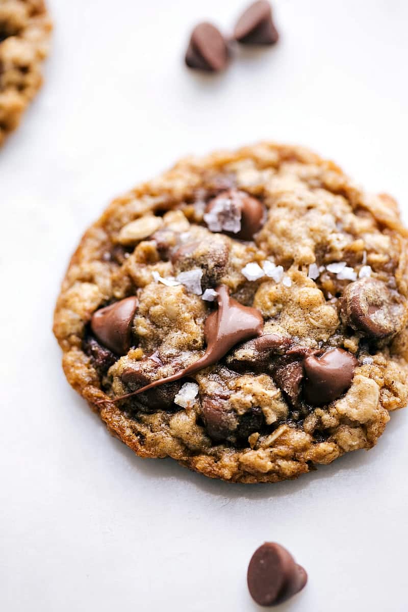 Up-close photo of one Oatmeal Chocolate Chip Cookie -- soft, chewy, and buttery! With chocolate chips