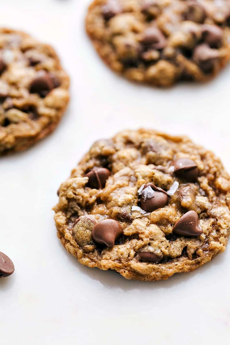 Up close side angle shot of good oatmeal chocolate chip cookie recipe