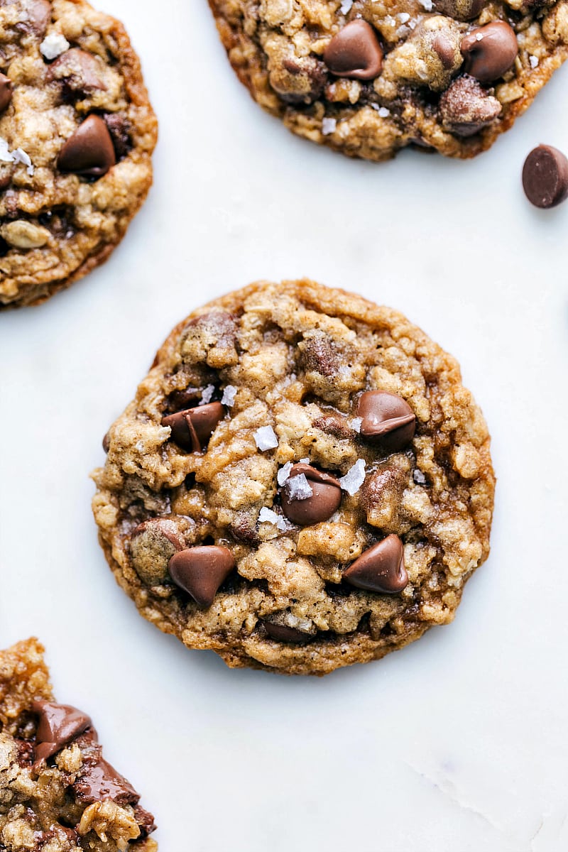 Up close overhead photo of recipe oatmeal chocolate chip cookies best